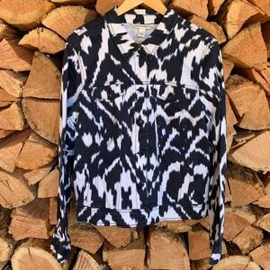 Women’s Large Black and White Cow Animal Print Patterned Denim Jacket Y2K HipHop